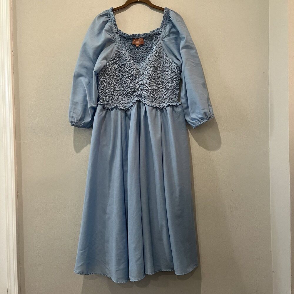 JessaKae Dress Women’s 1X Love Spell Blue Midi Smocked 3/4 Balloon Sleeve